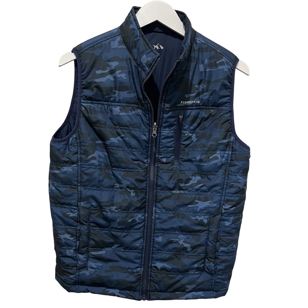 Fish Hippie Mens Brooker Quilted Vest Reversible Navy Camo Small Outdoor Fishing
